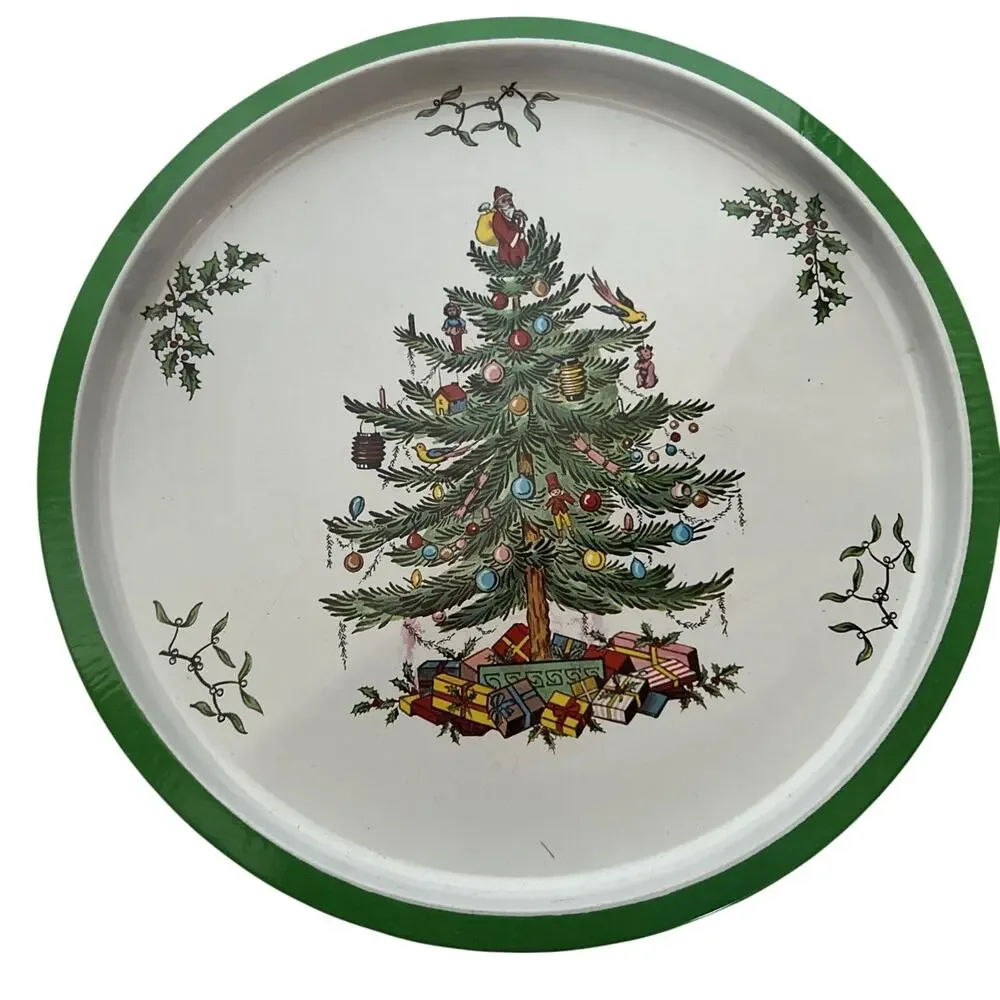 Vtg Round Xmas Metal Tin Litho Serving Tray 10.5” Christmas Tree